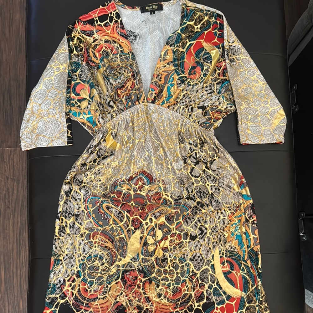 Red and Yellow Fit-and-Flare Cocktail Dress with Plunge Neckline